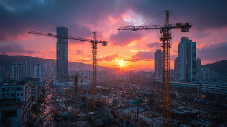 A captivating sunset illuminates a bustling construction site featuring towering cranes and a vibrant city skyline, showcasing urban development and growth.の素材