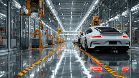 A sleek white sports car is positioned on a cutting-edge assembly line within a modern automotive manufacturing facility, showcasing advanced technology and efficiency.の素材