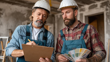 Two skilled workers engage in a focused discussion while reviewing color swatches and notes on a clipboard, planning for a construction project.の素材