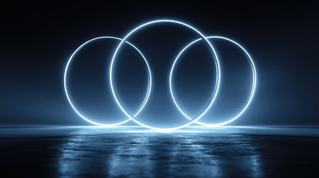 This image features three glowing circles arranged in a symmetrical layout against a dark background, creating a futuristic and artistic effect.の素材