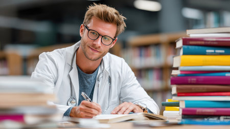 A young male doctor diligently writing notes in a library, surrounded by various colorful books. This image highlights the blend of healthcare and education.の素材