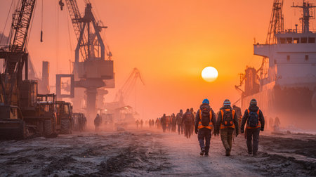 A captivating scene of workers walking together at sunset in a bustling port, framed by industrial equipment and a glowing orange sky, showcasing unity and labor.の素材