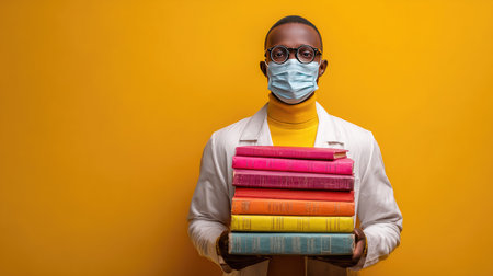 A young man wearing glasses and a mask stands holding a stack of vibrant books against a bright yellow backdrop, symbolizing education and safety.の素材