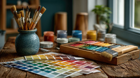 Explore a captivating artistic workspace featuring an array of colorful paints, brushes, and harmonious color palettes arranged in a cozy studio setting.の素材