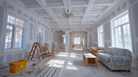This image depicts a bright and spacious living room undergoing renovation, featuring cozy furniture and ample natural light illuminating the space.の素材