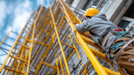 A dedicated construction worker climbs a yellow scaffold using proper safety gear in an urban environment, demonstrating commitment to progress and safety on-site.の素材