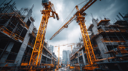A bustling construction site featuring towering cranes and intricate scaffolding under a dramatic, cloudy sky, symbolizing urban development and progress.の素材