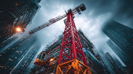 A striking view of a tower crane dominating a construction site against a backdrop of dark, ominous clouds in a bustling urban environment.の素材