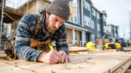 A dedicated carpenter meticulously marks wood with a measuring tool at a construction site. This scene depicts the essence of craftsmanship, attention to detail, and professionalism in construction work.の素材