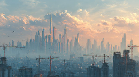 A breathtaking view of a vibrant city skyline featuring tall skyscrapers and construction cranes under a beautiful sunset, showcasing modern urban development.の素材