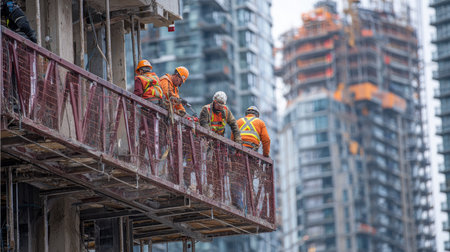 A group of construction workers diligently working on a scaffold at an urban construction site, surrounded by modern high-rise buildings. The scene depicts teamwork and industry progress in a bustling city landscape.の素材