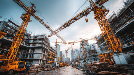 This image captures a bustling urban construction site featuring vibrant yellow cranes and partially constructed buildings. A sense of progress permeates the scene.の素材