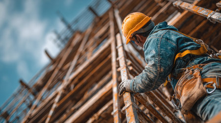 Close-up view of a construction worker wearing a helmet, focused on climbing scaffolding at a construction site, demonstrating resilience and commitment.の素材