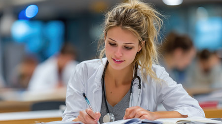 A young female medical student studies diligently in a library, surrounded by textbooks and notes, with a stethoscope around her neck, embodying dedication.の素材
