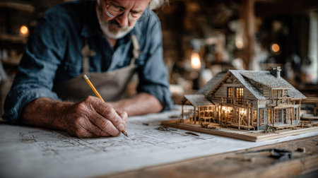 A dedicated artisan meticulously sketches architectural plans while showcasing a beautifully crafted miniature house model in his inviting workshop.の素材