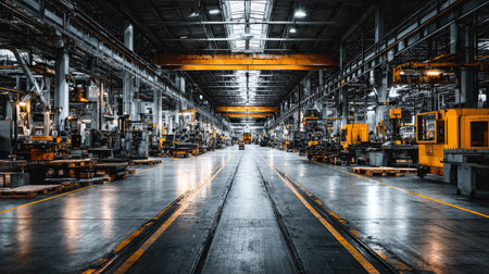 A spacious industrial warehouse interior featuring machinery and tracks under bright ceiling lights highlights the manufacturing environment.の素材