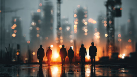 A striking silhouette of construction workers stands against a blurred urban industrial background, illuminated by warm bokeh lights. The scene captures the essence of teamwork and labor in a nighttime setting, showcasing the dedication of professionals in the construction environment.の素材