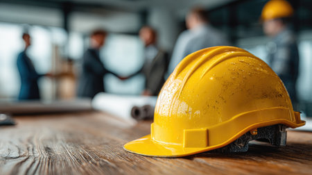 Close-up of a yellow hard hat on a wooden table in an active construction office, with professionals discussing project details and shaking hands in the background.の素材
