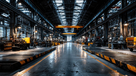 A spacious industrial warehouse showcasing bright lights illuminating machinery and equipment. The layout emphasizes productivity and modern design.の素材