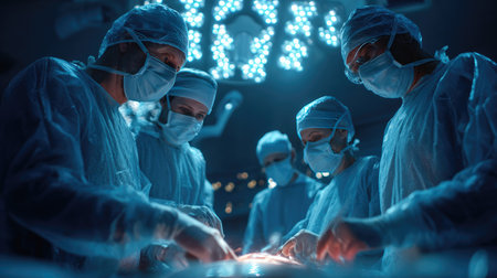 A skilled medical team actively engaged in a complex surgical operation, showcasing teamwork and precision in a modern, well-equipped operating room.の素材