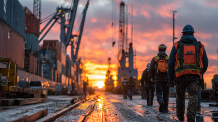 A group of workers in safety gear is walking towards a stunning sunset at a busy shipping port, with cranes and containers lining the background.の素材