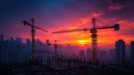 A breathtaking view of a construction site against a vibrant sunset, featuring silhouetted cranes and an expansive urban skyline, capturing a moment of industrial progress.の素材