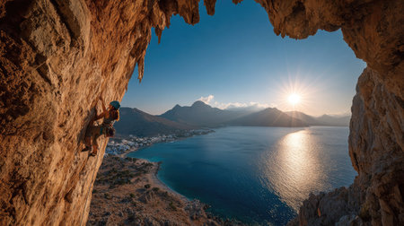 A rock climber scales a rugged cliff with a stunning ocean view and vibrant sun setting behind mountains, epitomizing adventure and exploration.の素材