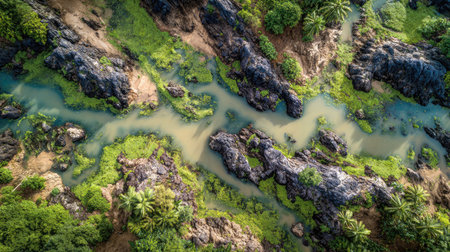 This stunning aerial view captures a winding river flanked by rocky formations and lush greenery in a vibrant tropical landscape, showcasing nature's beauty.の素材