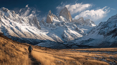 A lone hiker makes their way through a stunning mountain landscape featuring snow-capped peaks and a bright blue sky, epitomizing adventure and solitude.の素材