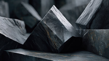 A captivating arrangement of dark slate rocks showcasing unique textures and geometric shapes. Perfect for use in modern design and creative projects.の素材