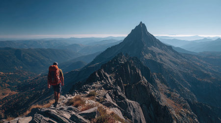 A lone hiker navigates a rocky trail with a stunning peak in the backdrop, showcasing the beauty and serenity of nature and adventurous spirit of exploration.の素材