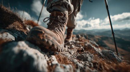 A detailed close-up of a rugged hiking boot on a challenging rocky trail, showcasing the spirit of adventure and exploration in a stunning mountain landscape.の素材