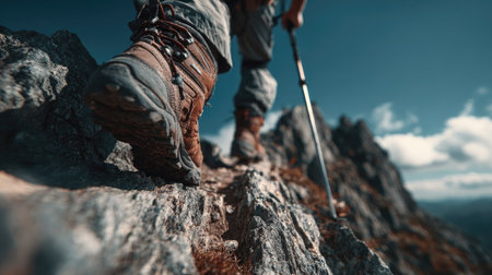 A close-up image of a hiker's boot stepping on a rugged rocky trail, surrounded by breathtaking mountain scenery beneath a vibrant blue sky.の素材