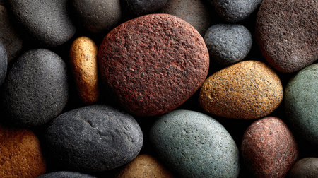 A stunning close-up image showcasing a variety of natural stones and pebbles in multiple colors and textures, ideal for artistic projects and nature enthusiasts.の素材