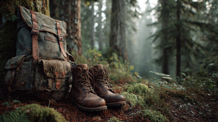 A pair of rugged leather hiking boots rests beside a vintage backpack, surrounded by lush greenery in a serene forest. Ideal for adventure enthusiasts.の素材