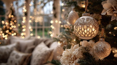 A beautifully decorated Christmas tree with elegant ornaments and soft glowing lights, creating a warm and inviting atmosphere in a cozy living room setting.の素材