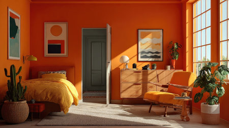 A vibrant and inviting bedroom featuring warm orange walls and stylish furniture. The sunlight fills the space, creating a cozy atmosphere with artistic decor and greenery.の素材