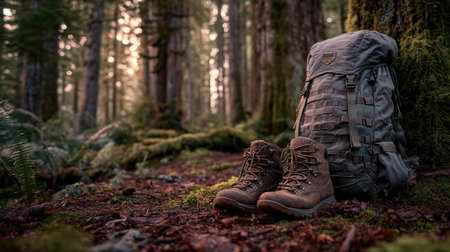 A pair of sturdy hiking boots rests beside a durable backpack on the rich, mossy forest floor, capturing the essence of adventure and tranquility in nature.の素材