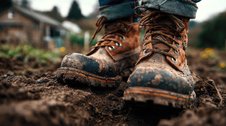 A striking close-up image of rugged, mud-covered work boots set against rich soil in an agricultural field. This photograph captures the essence of hard work and the rural lifestyle, embodying dedication and craftsmanship in outdoor endeavors.の素材