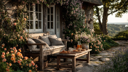 This serene outdoor seating area features a rustic wooden bench adorned with cushions and surrounded by vibrant flowers, ideal for relaxation.の素材