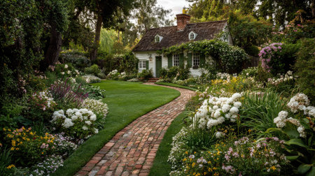 A picturesque scene showcasing a charming garden path that leads to a cozy cottage, surrounded by an array of vibrant flowers and lush greenery, creating a serene atmosphere.の素材