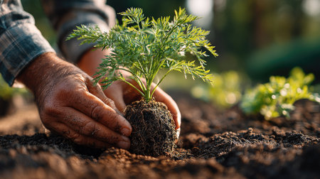 This image captures a gardener's hands gently planting a young carrot seedling into dark, fertile soil, emphasizing the connection between humans and nature.の素材