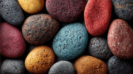 A vibrant collection of colorful pebbles arranged closely on a dark background. This image showcases unique textures, shapes, and hues, perfect for nature-inspired projects.の素材