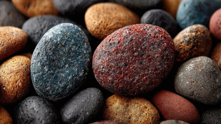A captivating close-up of various polished stones and pebbles showcasing intricate textures and colors, ideal for artistic projects or nature-inspired designs.の素材