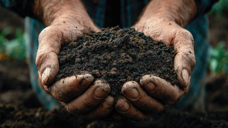 A close-up image illustrating hands holding dark, rich soil, showcasing the importance of soil quality in sustainable farming and gardening practices.の素材