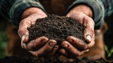 This image shows a close-up view of hands firmly holding a handful of dark, rich soil, illustrating a connection with nature and the importance of sustainable farming practices.の素材