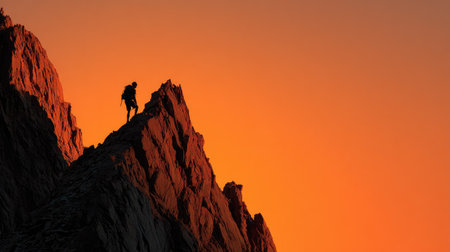 A silhouette of a climber stands triumphantly at the peak of a rugged mountain against a vibrant orange sky during sunset, embodying adventure and exploration.の素材