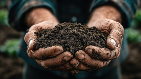 A close-up view featuring hands holding dark, rich soil, showcasing the essential element of agriculture. The image captures the connection to nature and the importance of healthy soil for sustainable farming.の素材