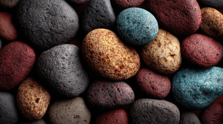 A vibrant collection of smooth stones and pebbles showcases a blend of colors and textures, perfect for decorative or natural-themed projects.の素材