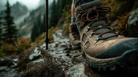 A detailed close-up of a rugged hiking boot on a rocky trail surrounded by a misty mountain landscape and lush pine trees, perfect for outdoor adventure visuals.の素材